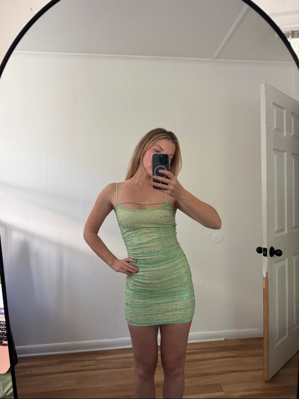 Sparkly Lime Green Ruched Mini Dress - Picture 4 of 5